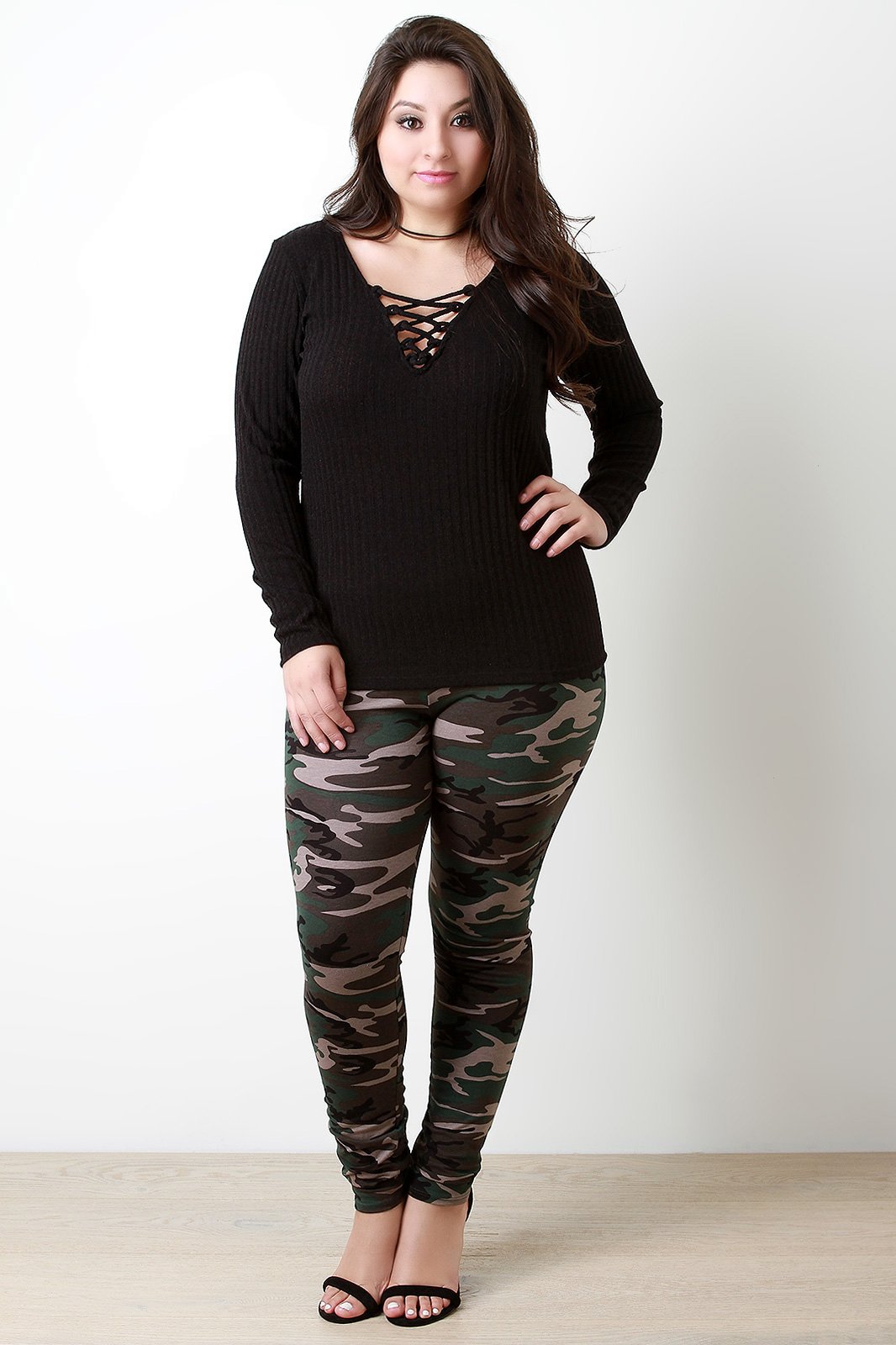 Rib Knit Lace Up V Neck Long Sleeve Top