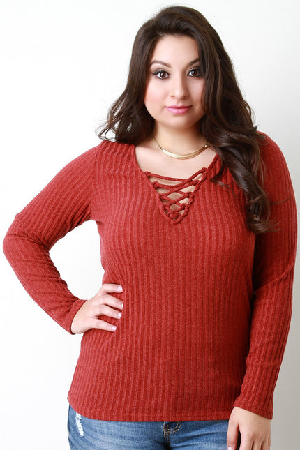 Rib Knit Lace Up V Neck Long Sleeve Top
