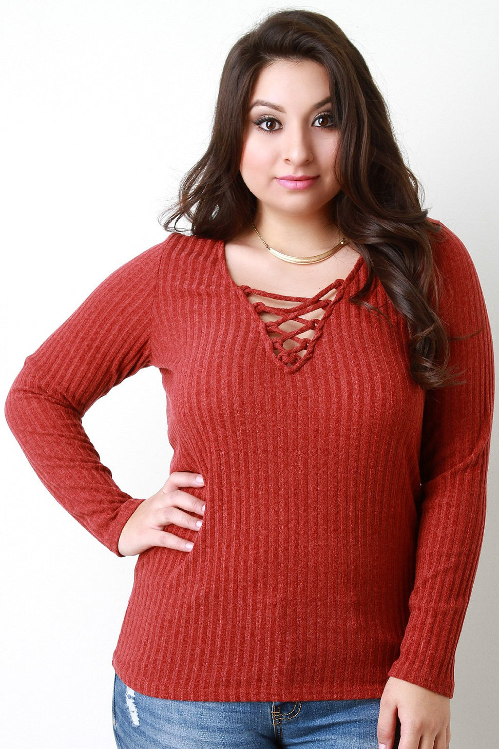 Rib Knit Lace Up V Neck Long Sleeve Top
