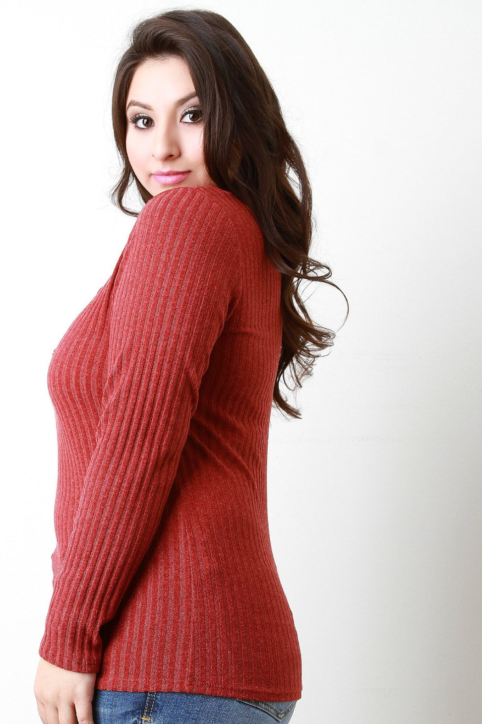 Rib Knit Lace Up V Neck Long Sleeve Top