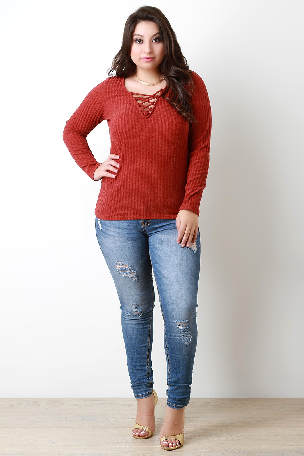 Rib Knit Lace Up V Neck Long Sleeve Top