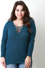 Rib Knit Lace Up V Neck Long Sleeve Top