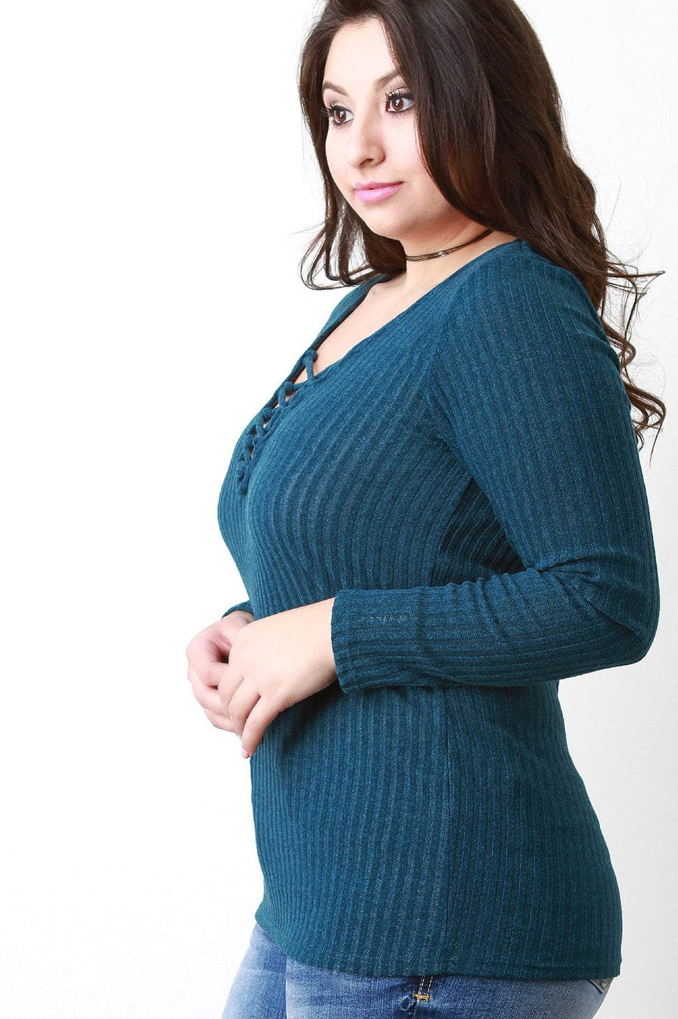 Rib Knit Lace Up V Neck Long Sleeve Top