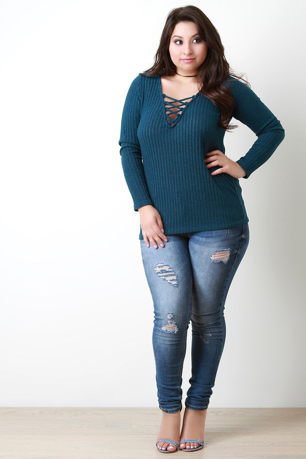 Rib Knit Lace Up V Neck Long Sleeve Top