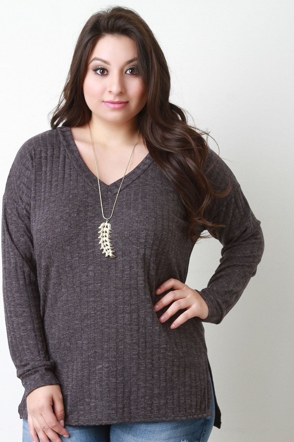 Ribbed Knit Squared Hem Sweater Top