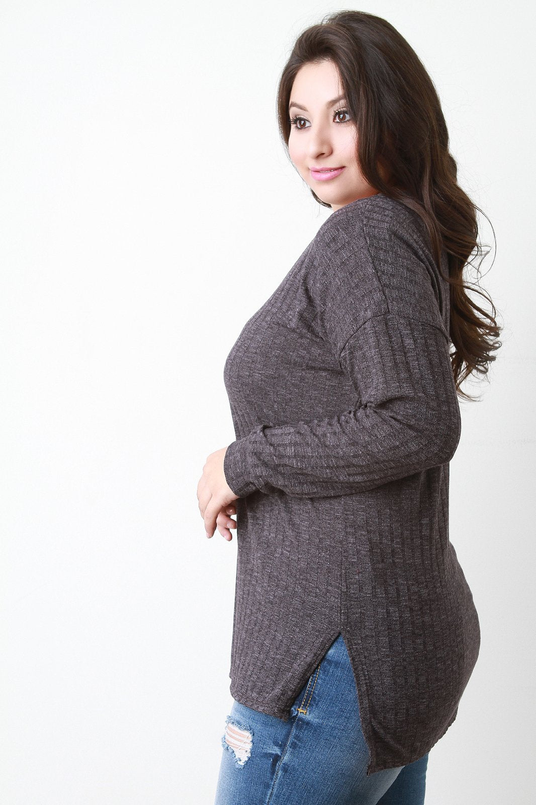 Ribbed Knit Squared Hem Sweater Top