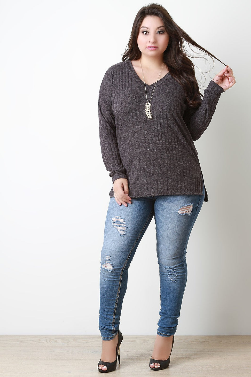 Ribbed Knit Squared Hem Sweater Top