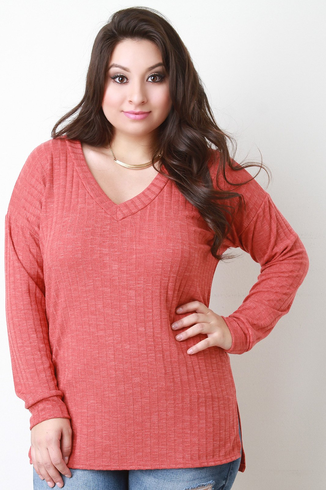 Ribbed Knit Squared Hem Sweater Top