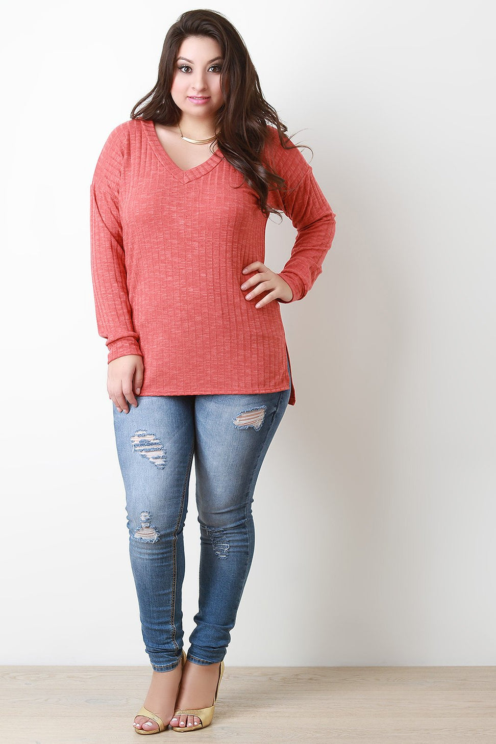 Ribbed Knit Squared Hem Sweater Top