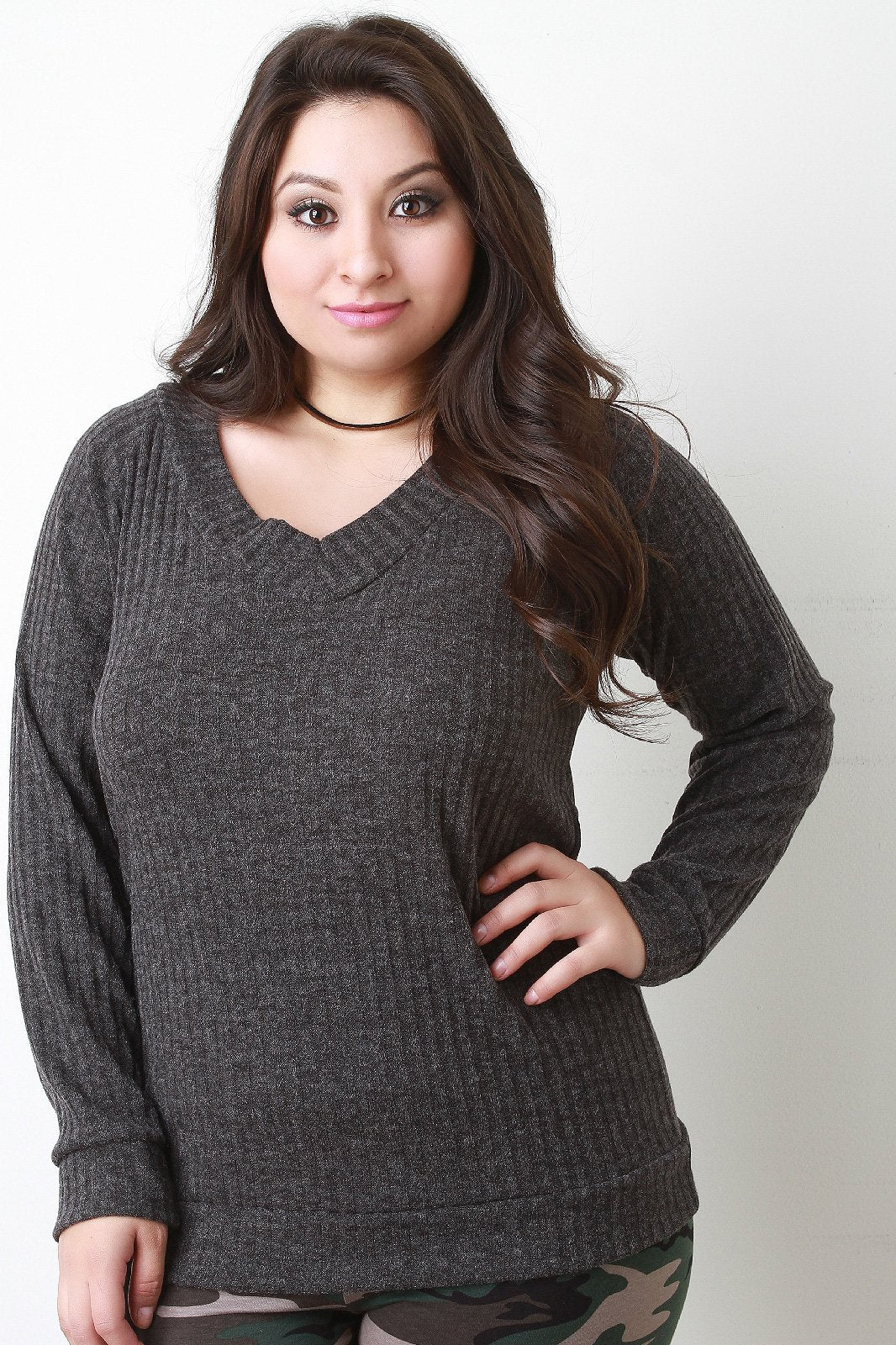 V-Neck Ribbed Knit Sweater Top