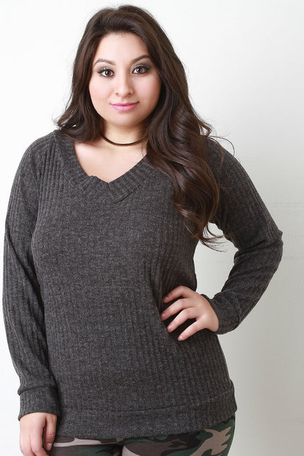 V-Neck Ribbed Knit Sweater Top