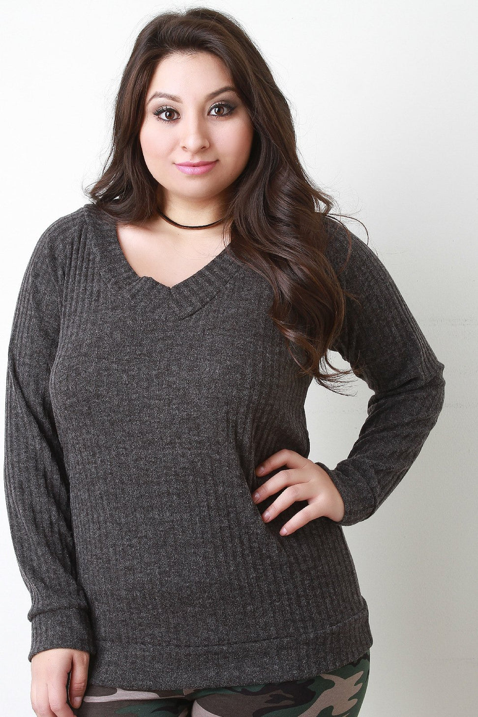 V-Neck Ribbed Knit Sweater Top