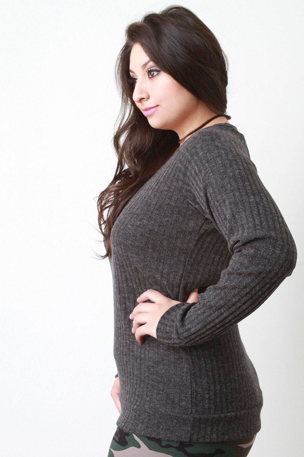 V-Neck Ribbed Knit Sweater Top