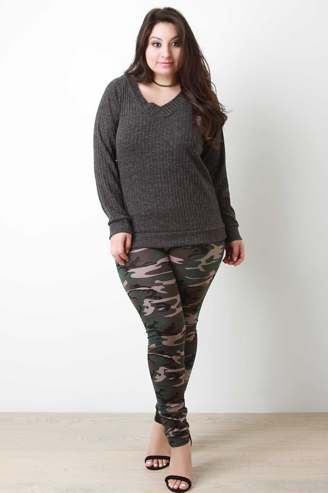 V-Neck Ribbed Knit Sweater Top