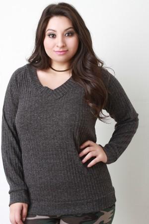V-Neck Ribbed Knit Sweater Top