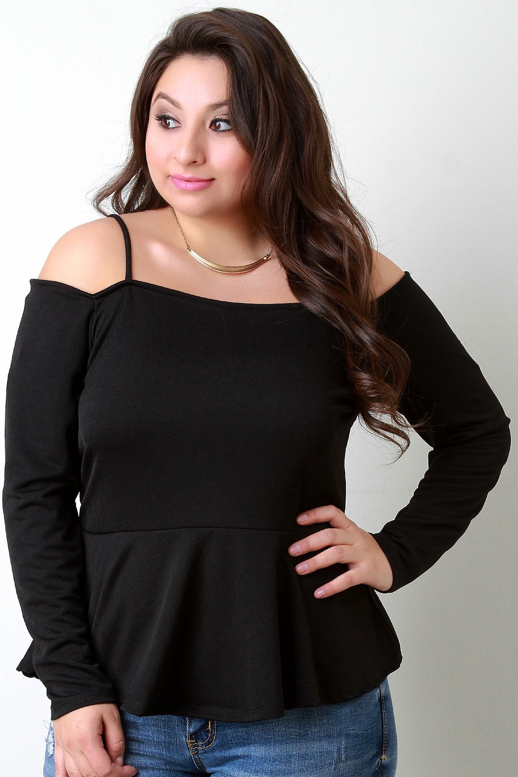 Cold Shoulder Long Sleeves Ruffle Hem Top