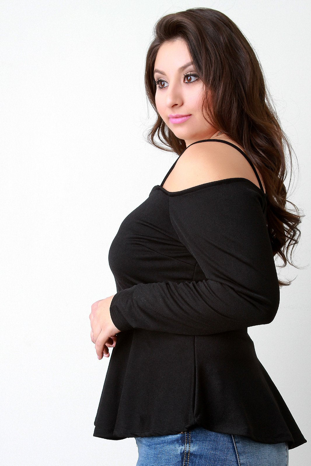 Cold Shoulder Long Sleeves Ruffle Hem Top