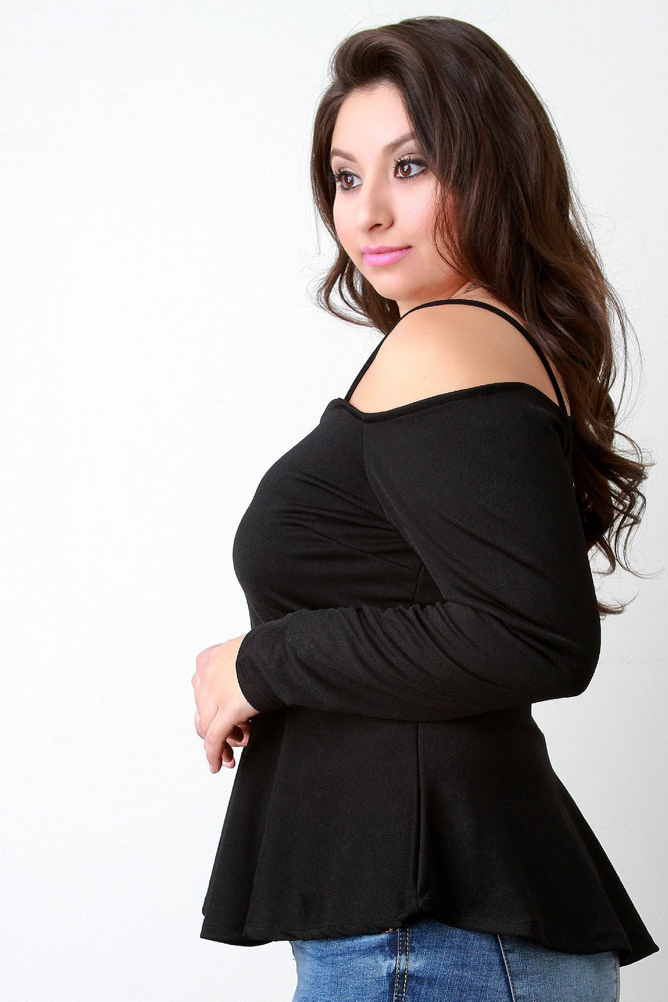 Cold Shoulder Long Sleeves Ruffle Hem Top