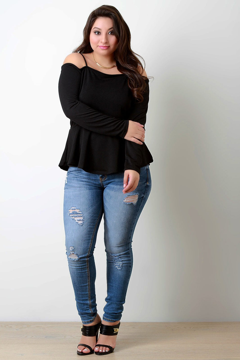 Cold Shoulder Long Sleeves Ruffle Hem Top