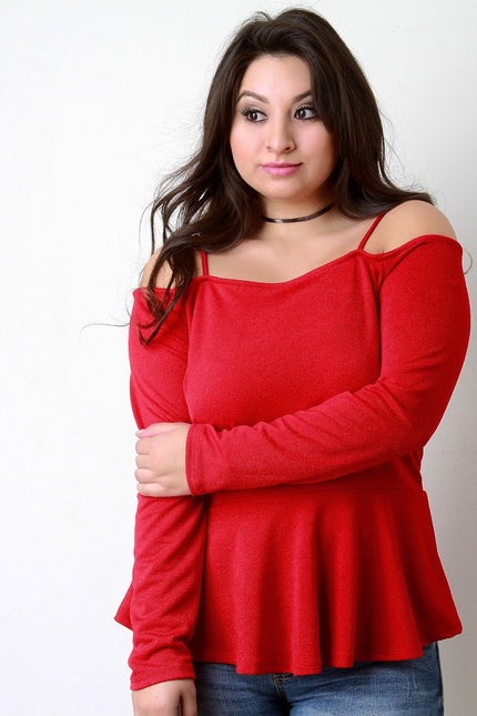 Cold Shoulder Long Sleeves Ruffle Hem Top