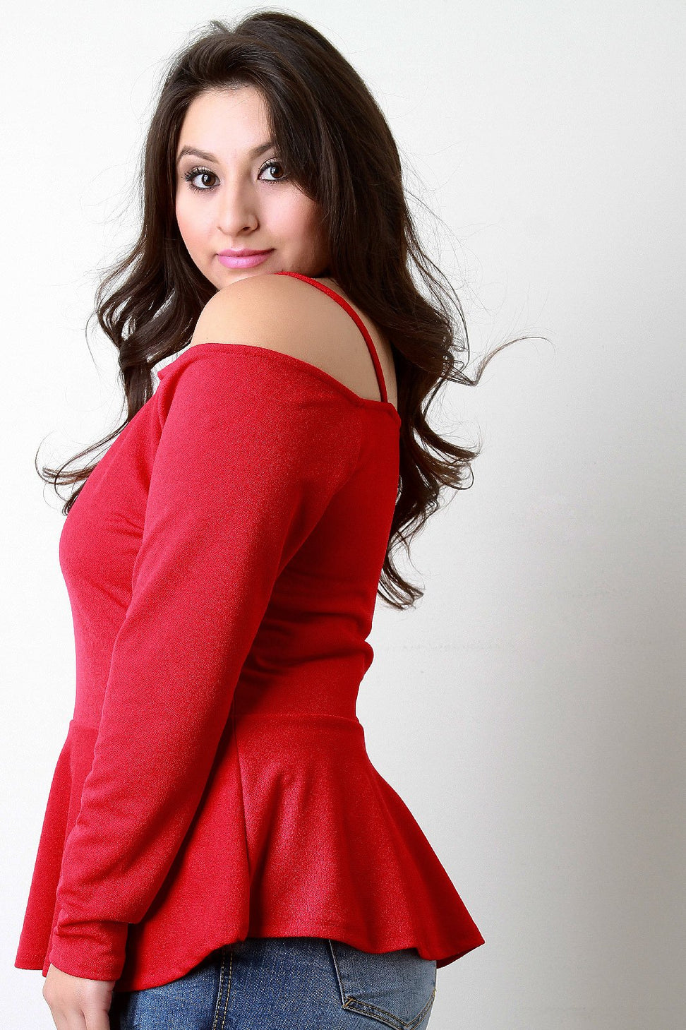 Cold Shoulder Long Sleeves Ruffle Hem Top