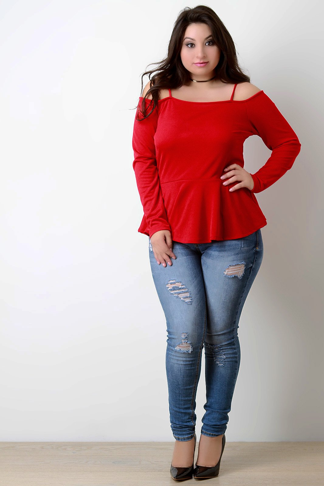 Cold Shoulder Long Sleeves Ruffle Hem Top