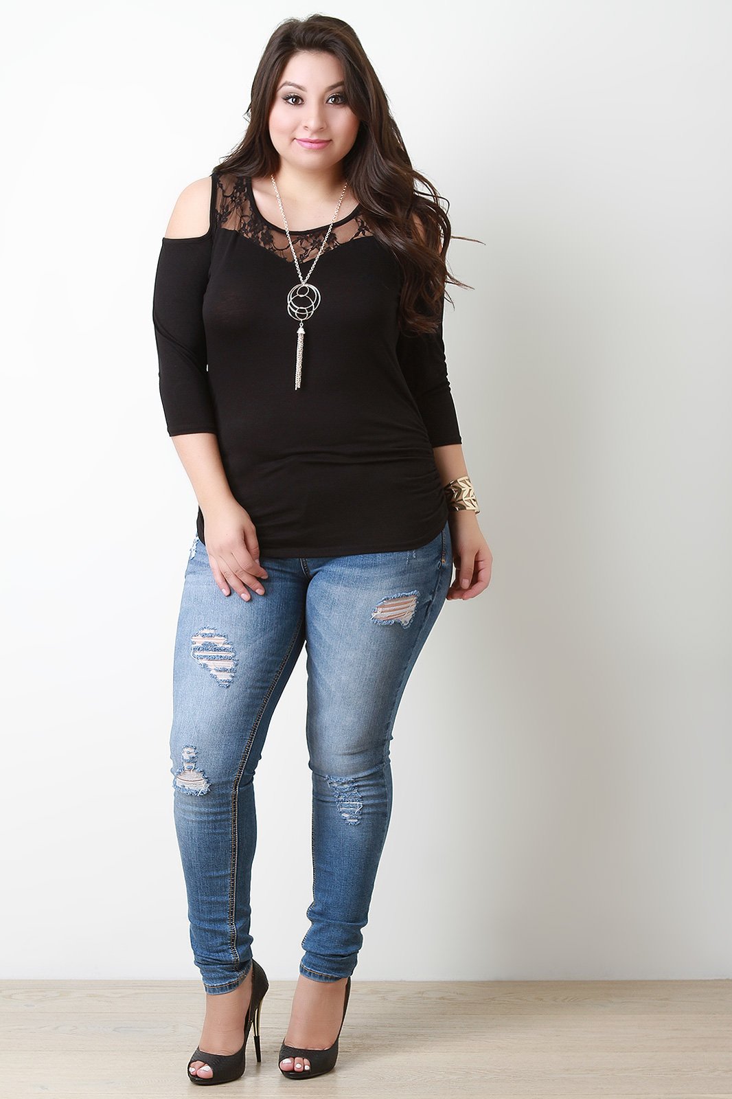 Lace Yoke Cold Shoulder Necklace Top