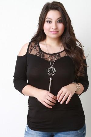 Lace Yoke Cold Shoulder Necklace Top