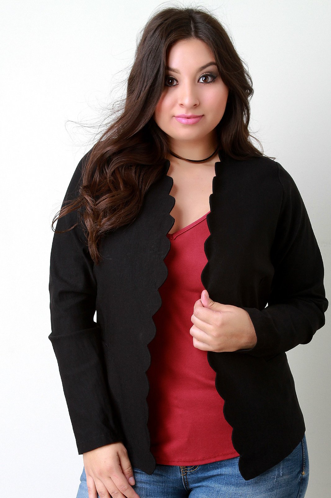 Scallop Trim Open Front Blazer