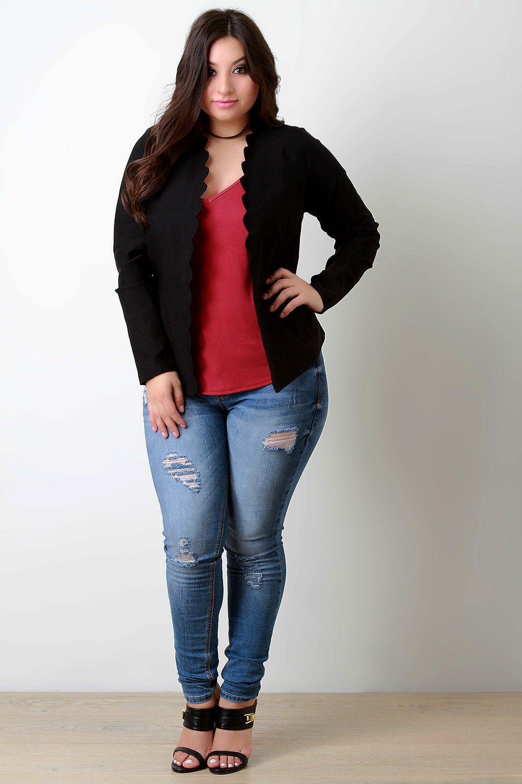 Scallop Trim Open Front Blazer