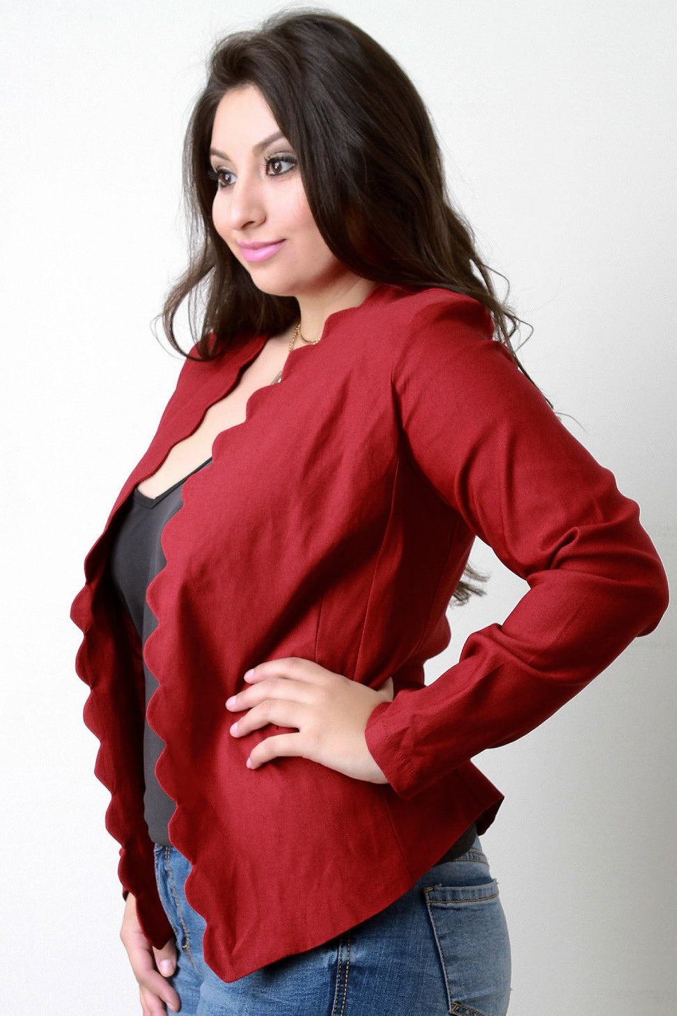 Scallop Trim Open Front Blazer