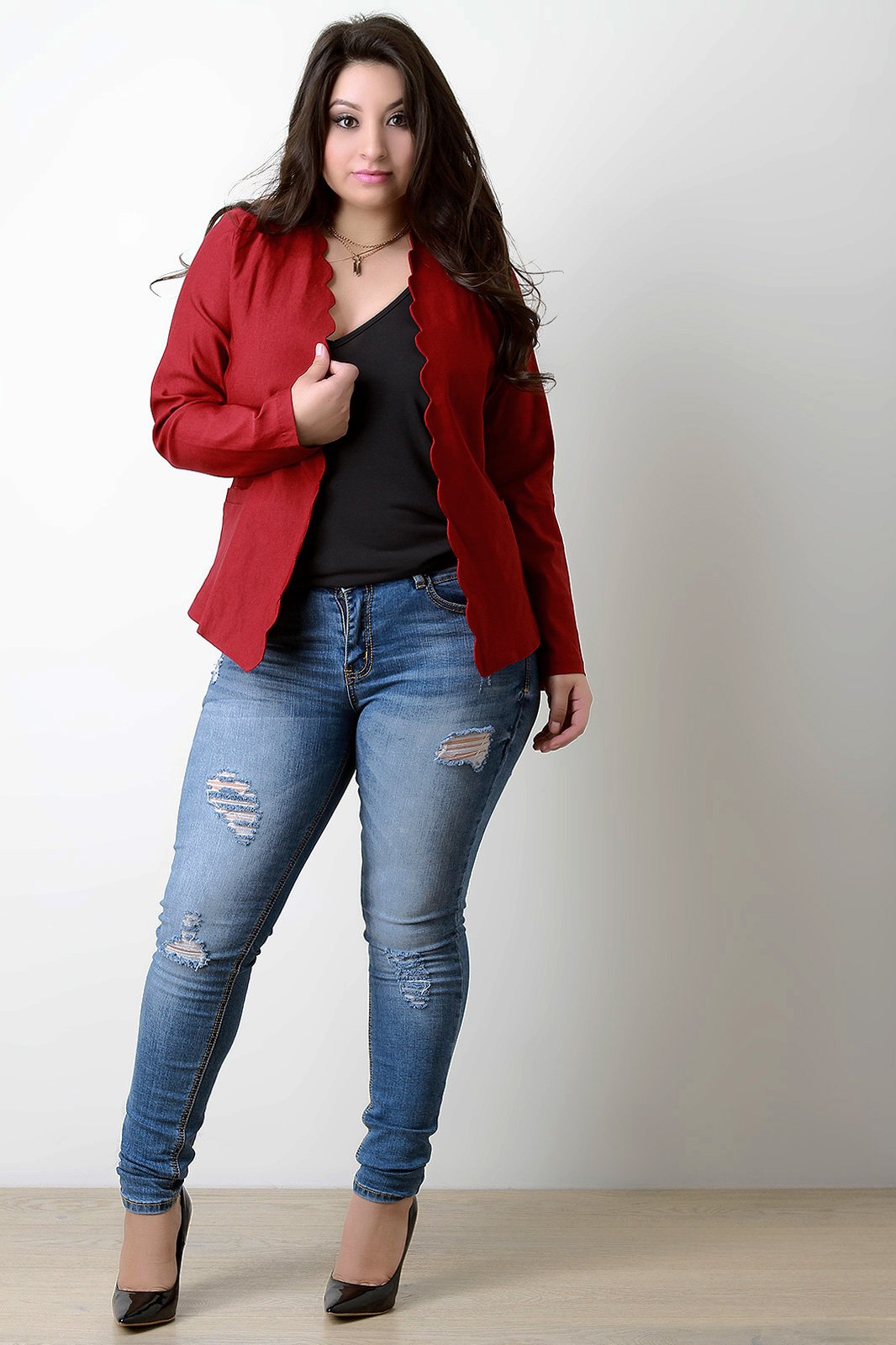 Scallop Trim Open Front Blazer