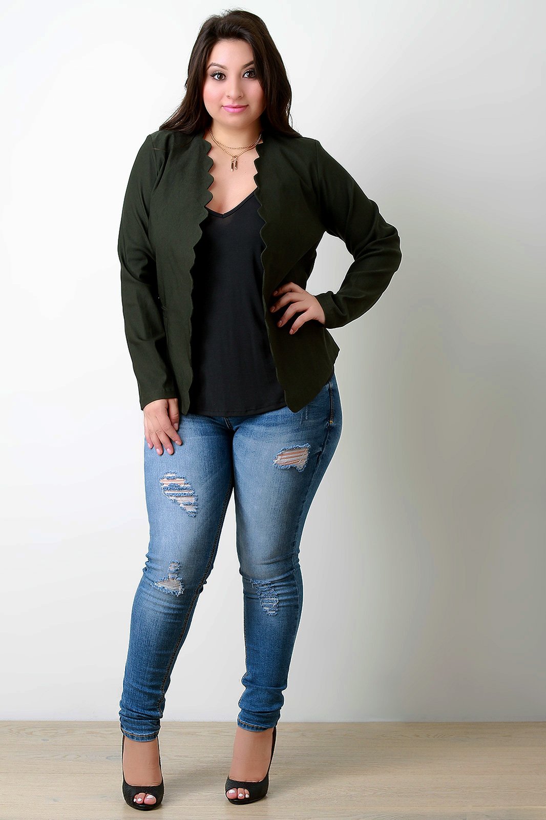 Scallop Trim Open Front Blazer