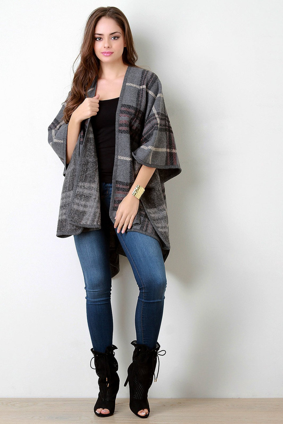 Plaid Wool Open Front Poncho