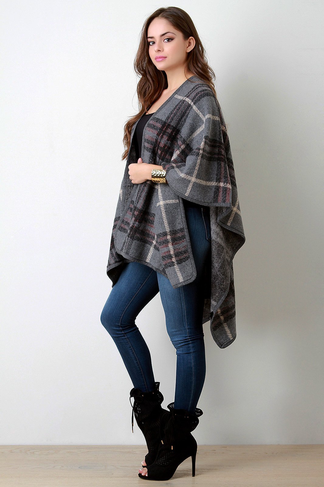 Plaid Wool Open Front Poncho