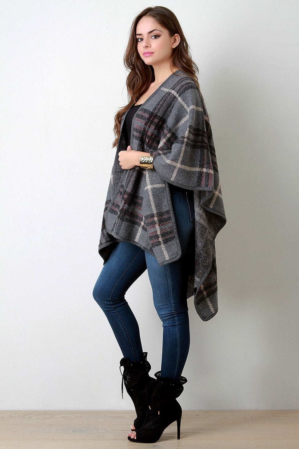 Plaid Wool Open Front Poncho