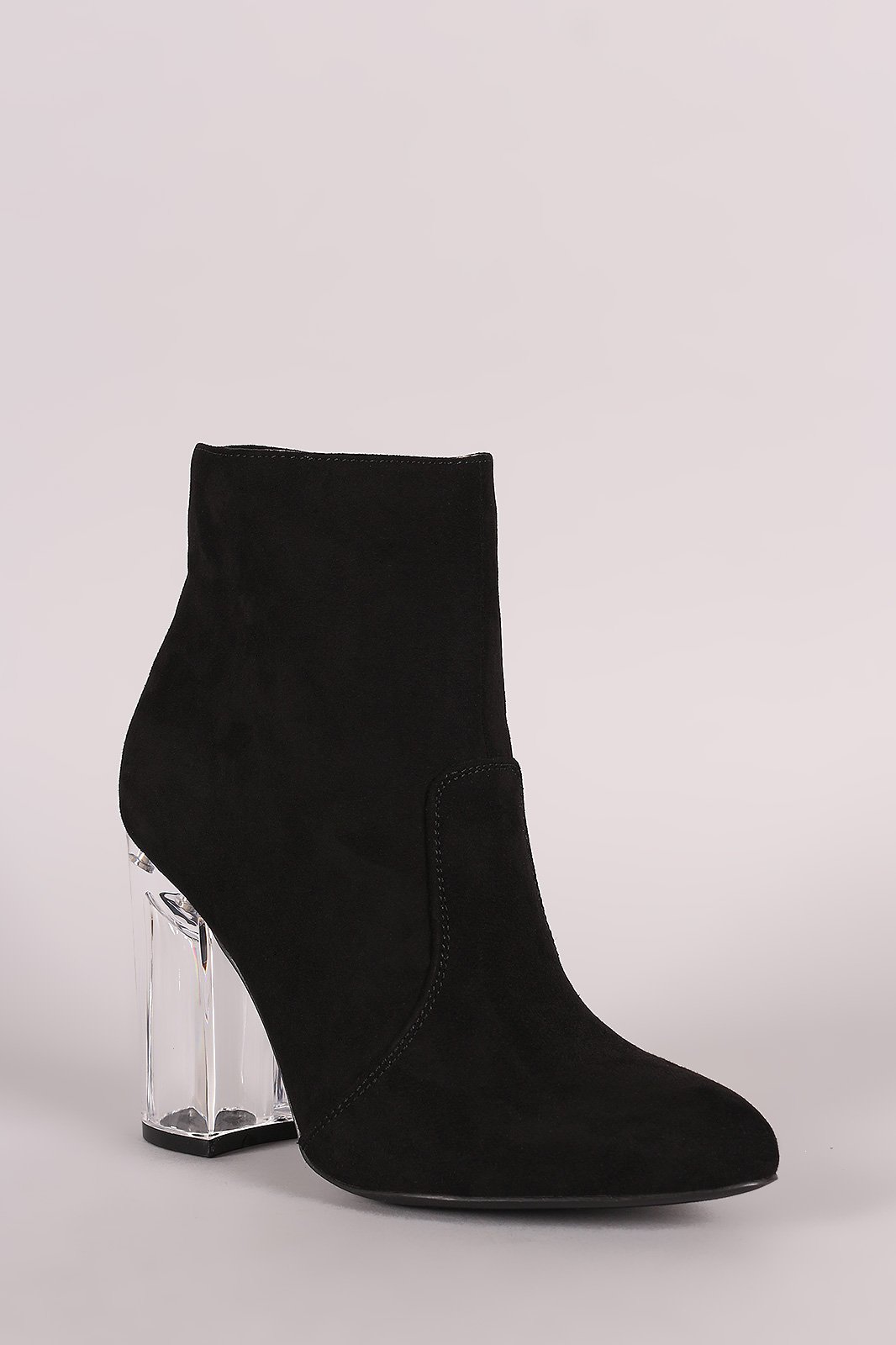 Qupid Vegan Suede Clear Chunky Heel Bootie