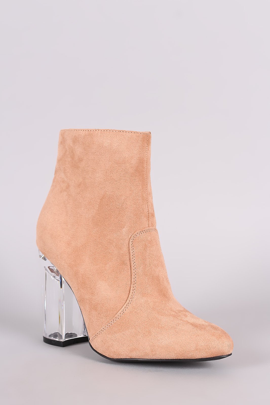 Qupid Vegan Suede Clear Chunky Heel Bootie