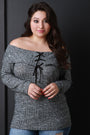 Marled Knit Lace-Up Banded Off-The-Shoulder Top