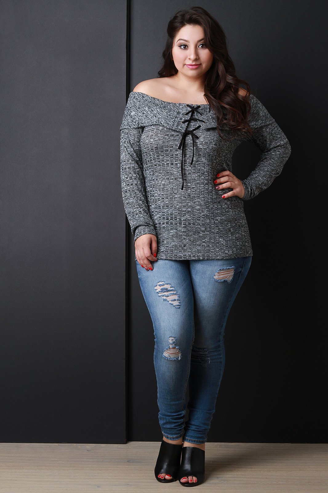 Marled Knit Lace-Up Banded Off-The-Shoulder Top