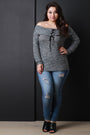 Marled Knit Lace-Up Banded Off-The-Shoulder Top