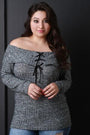 Marled Knit Lace-Up Banded Off-The-Shoulder Top
