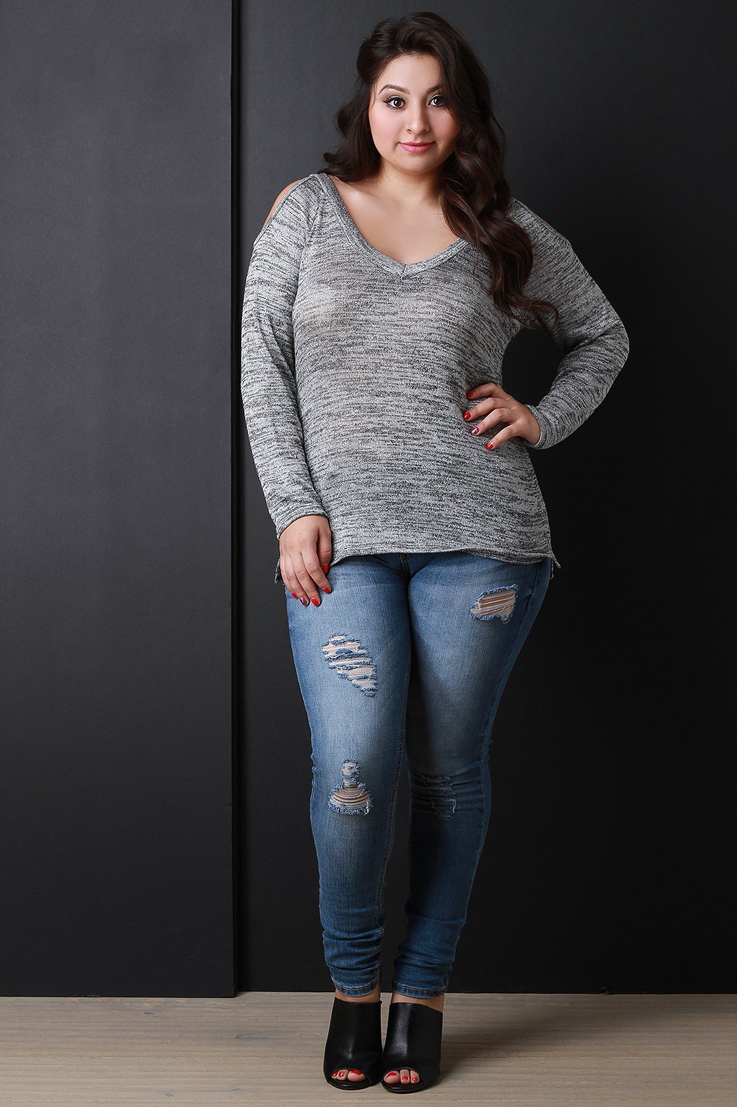 Metallic Shimmer Cold Shoulder Long Sleeves Top