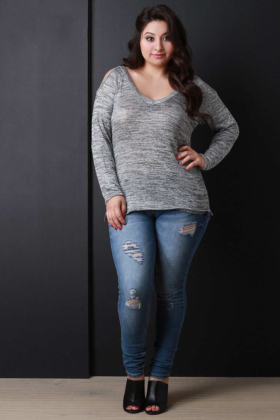 Metallic Shimmer Cold Shoulder Long Sleeves Top