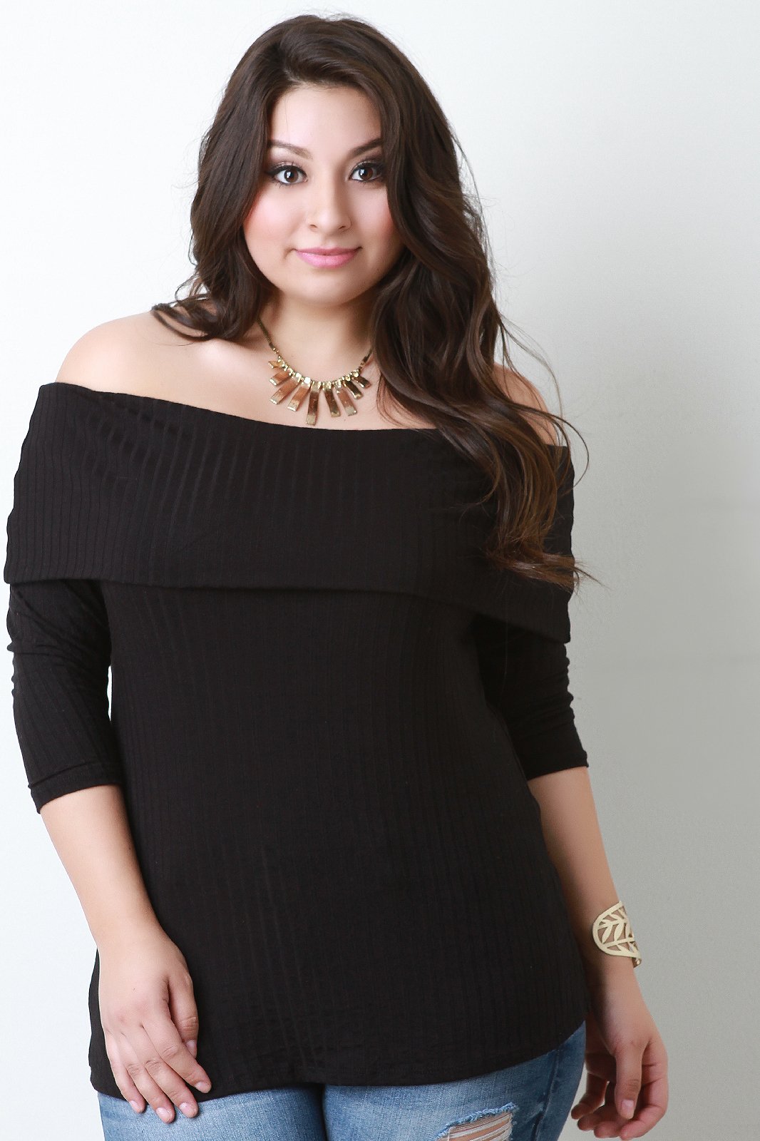 Ribbed Knit Fold Over Bardot Top