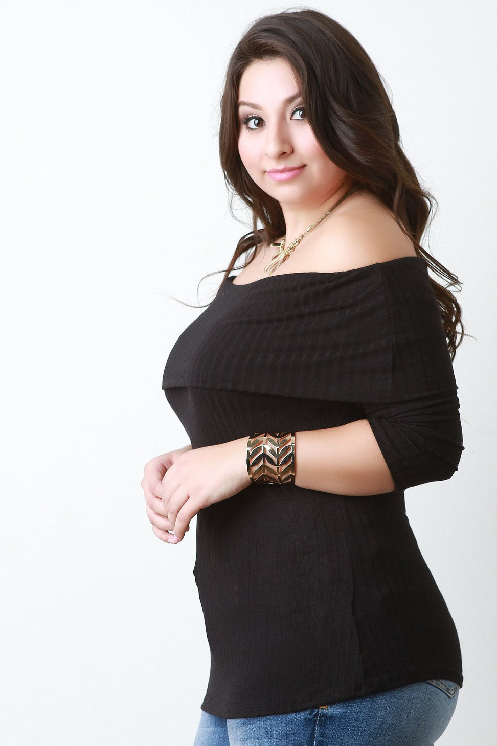 Ribbed Knit Fold Over Bardot Top