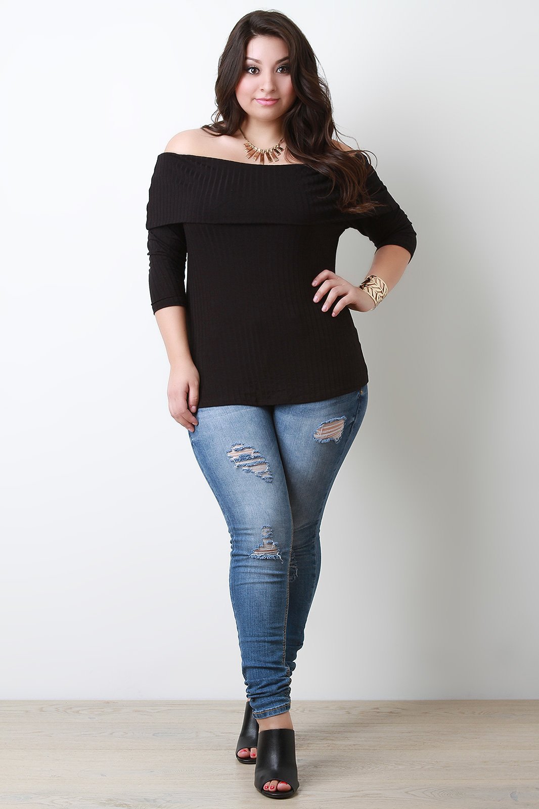 Ribbed Knit Fold Over Bardot Top