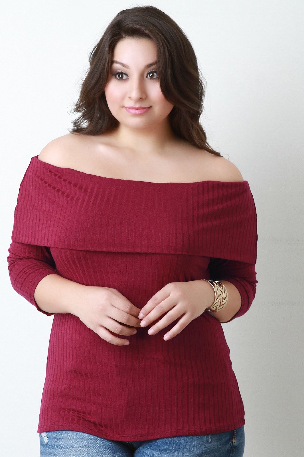 Ribbed Knit Fold Over Bardot Top