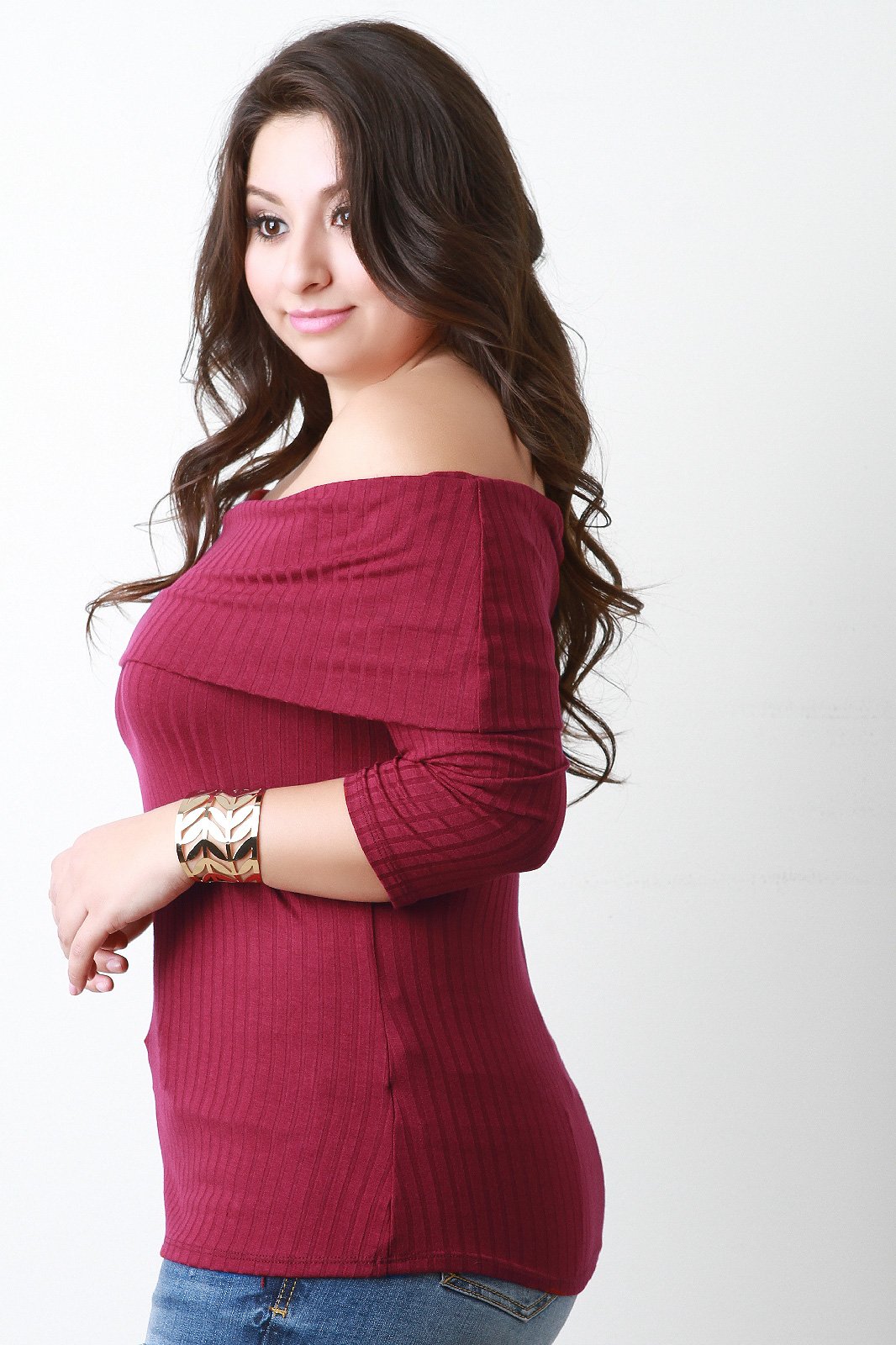 Ribbed Knit Fold Over Bardot Top