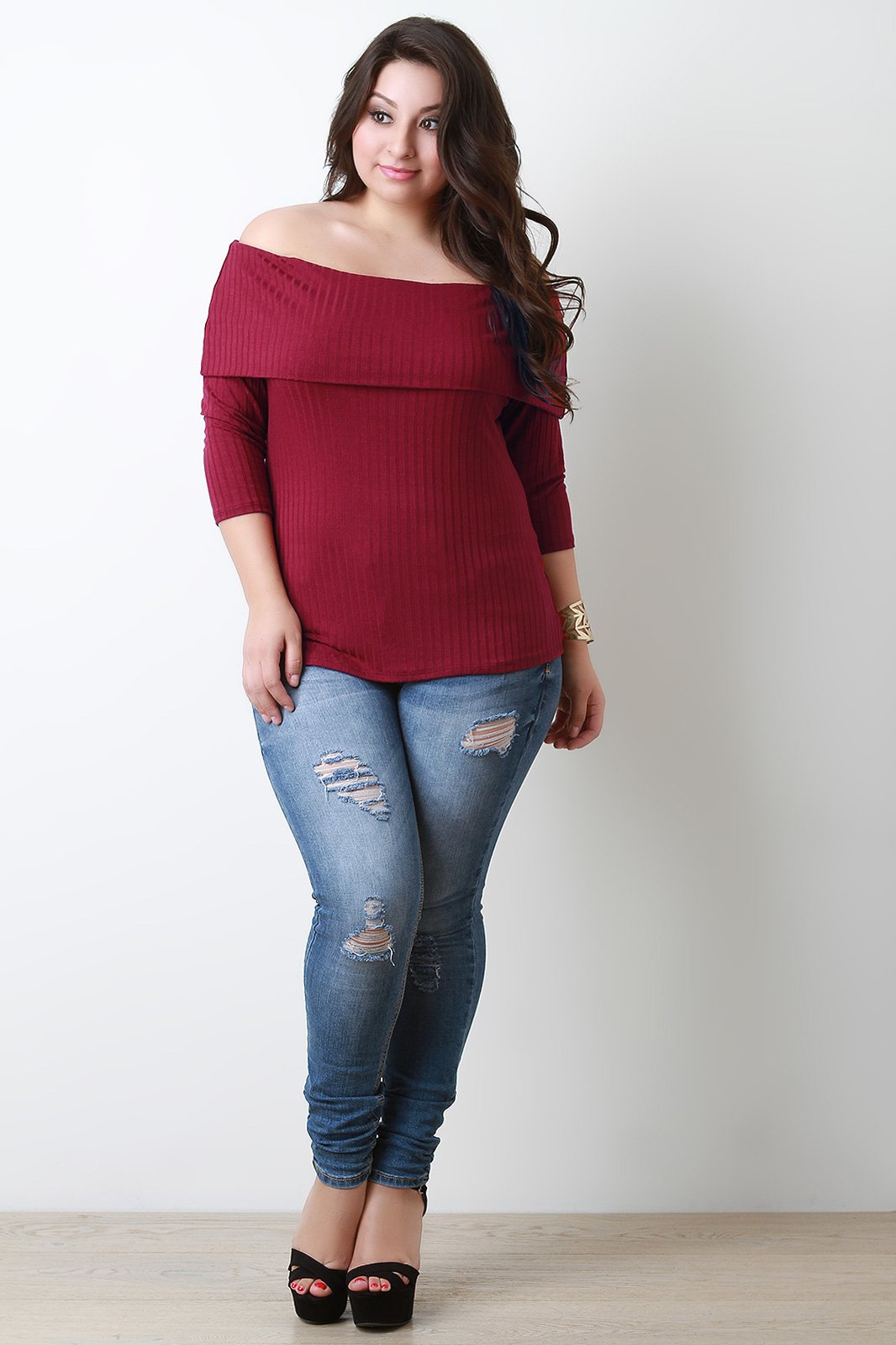 Ribbed Knit Fold Over Bardot Top